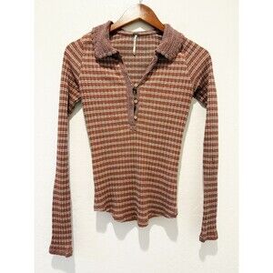 FREE PEOPLE Small Top Striped Knit Crochet Trim Henley Stretch Cottagecore